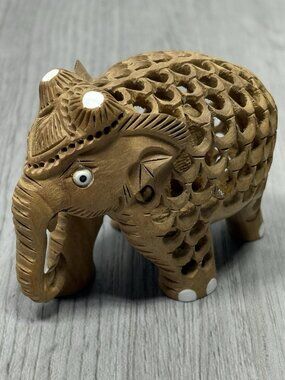 Hand Carved Wooden Lace Elephant Figures Babies Inside